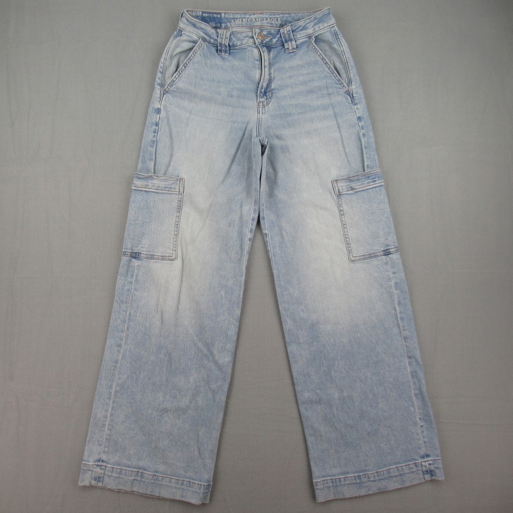 American Eagle Jeans Women 2 Blue Super High Rise Baggy Wide Leg Cargo Stretch